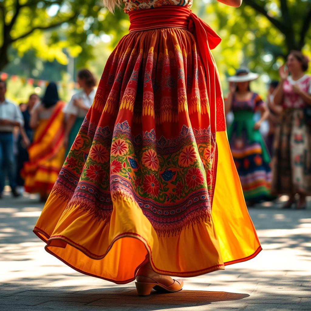 A vibrant and flowing traditional skirt (falda) that elegantly drapes to the floor