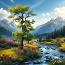 A realistic and vibrant natural landscape featuring majestic mountains in the background, rising with sharp and vivid colors