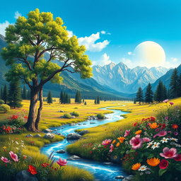 A realistic and vibrant natural landscape featuring majestic mountains in the background, rising with sharp and vivid colors