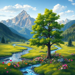A realistic and vibrant natural landscape featuring majestic mountains in the background, rising with sharp and vivid colors