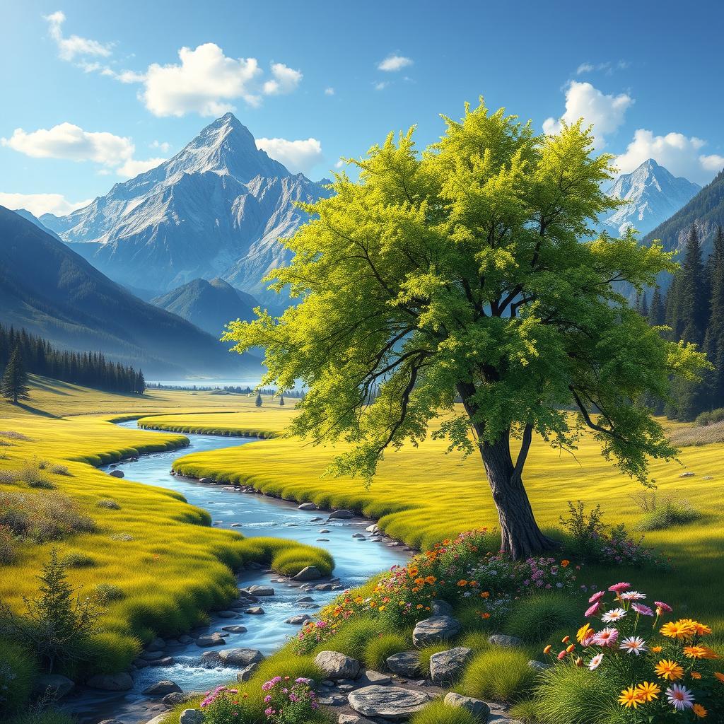 A realistic and vibrant natural landscape featuring majestic mountains in the background, rising with sharp and vivid colors