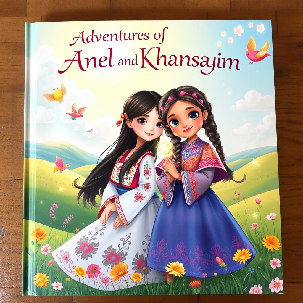 A beautifully illustrated fairy tale book cover featuring two Kazakh sisters, Anel and Khanshayim, in a magical Kazakh world