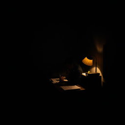 An intimate scene of a person sitting at their desk in the semi-darkness of their room, writing under the soft light of a dim lamp