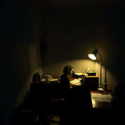 An intimate scene of a person sitting at their desk in the semi-darkness of their room, writing under the soft light of a dim lamp