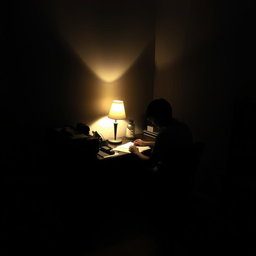 An intimate scene of a person sitting at their desk in the semi-darkness of their room, writing under the soft light of a dim lamp