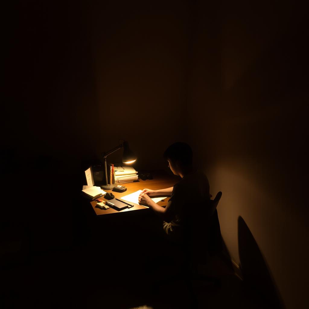 An intimate scene of a person sitting at their desk in the semi-darkness of their room, writing under the soft light of a dim lamp