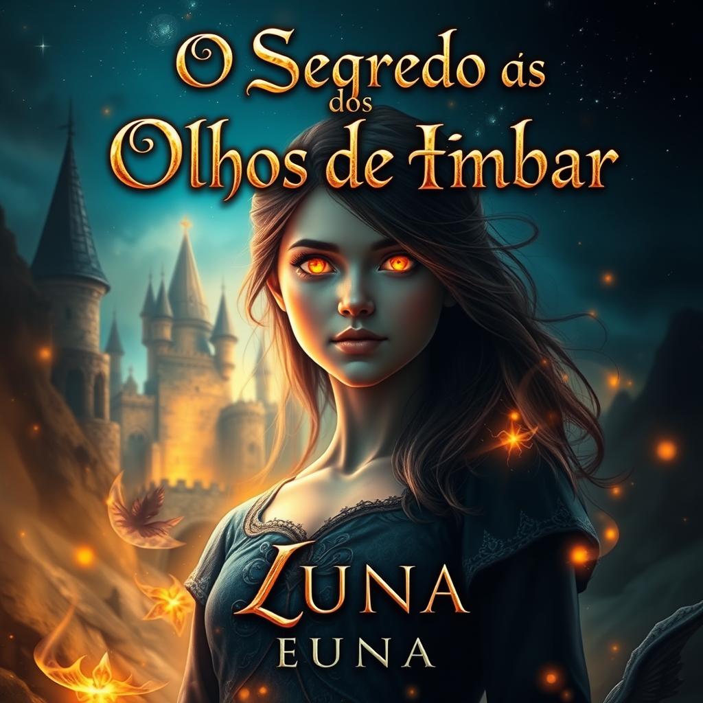 A fantastic and mysterious book cover featuring a young woman named Luna with bright amber eyes