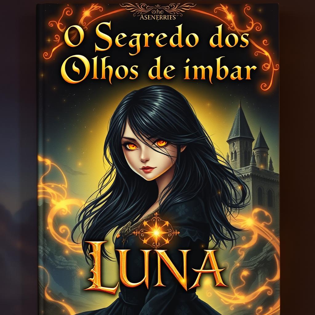 A fantastical and mysterious book cover featuring a young woman named Luna with black hair and bright amber eyes