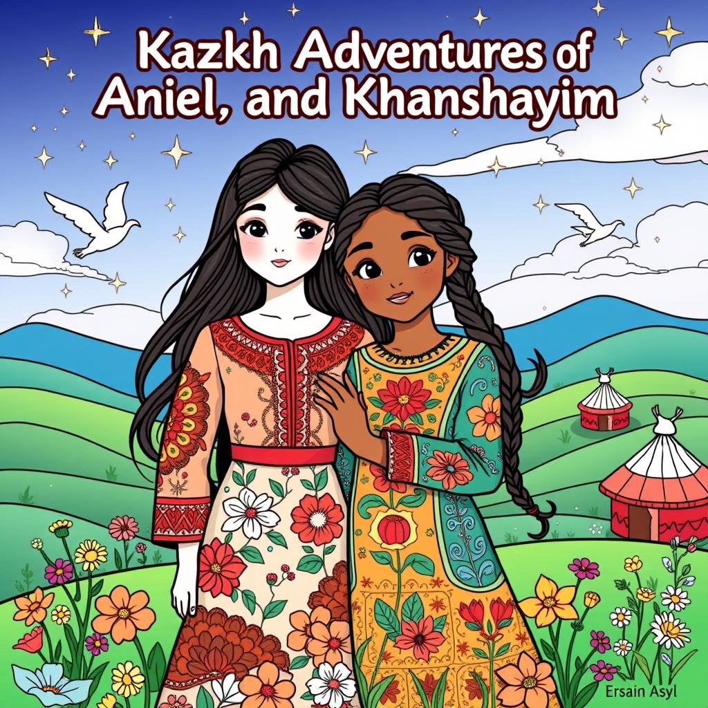 A captivating coloring book cover featuring Kazakh sisters Anel and Khanshayim immersed in a magical Kazakh world