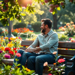 A heartwarming scene of a couple sitting on a park bench, smiling and gazing lovingly at each other