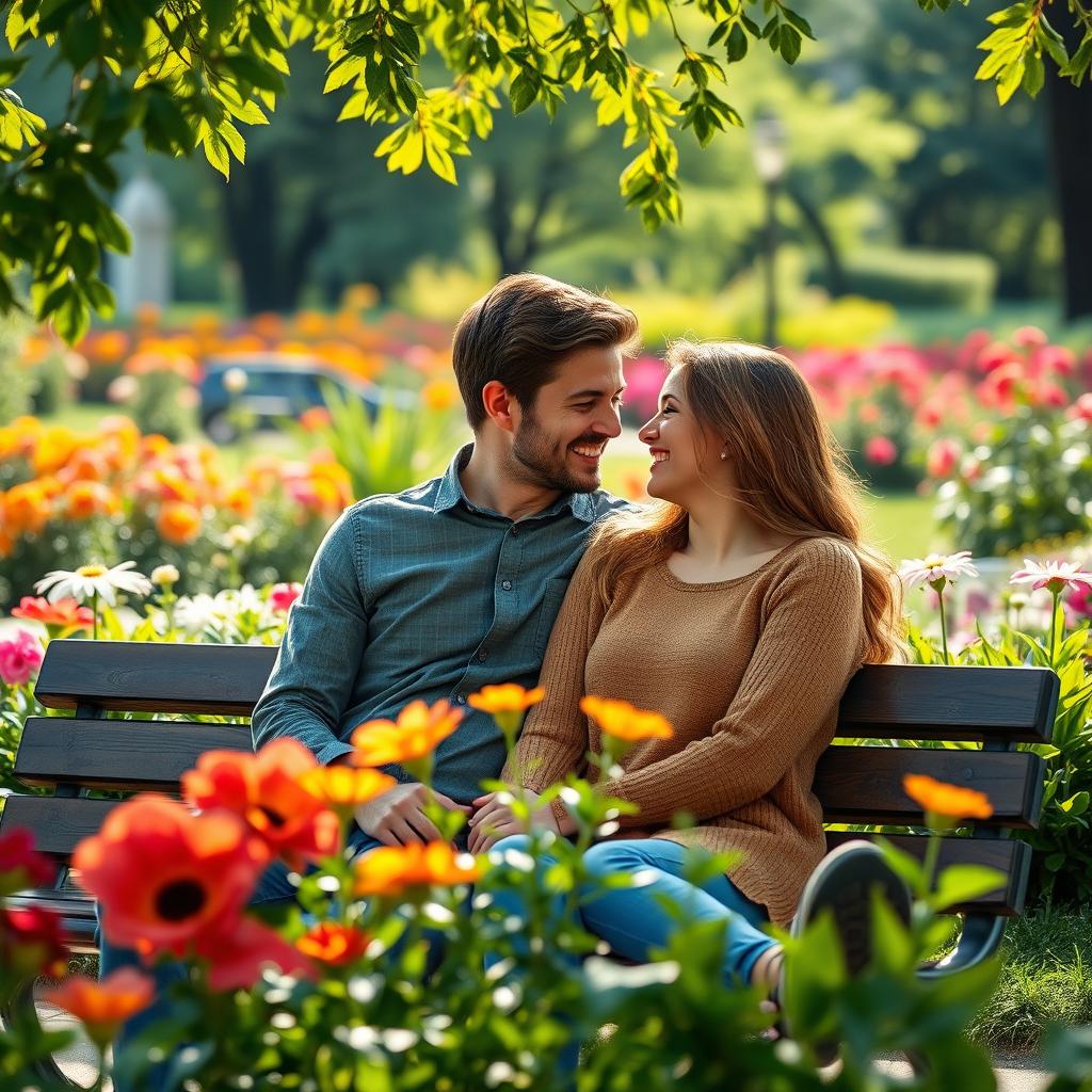 A heartwarming scene of a couple sitting on a park bench, smiling and gazing lovingly at each other