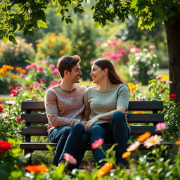 A heartwarming scene of a couple sitting on a park bench, smiling and gazing lovingly at each other