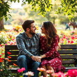 A heartwarming scene of a couple sitting on a park bench, smiling and gazing lovingly at each other