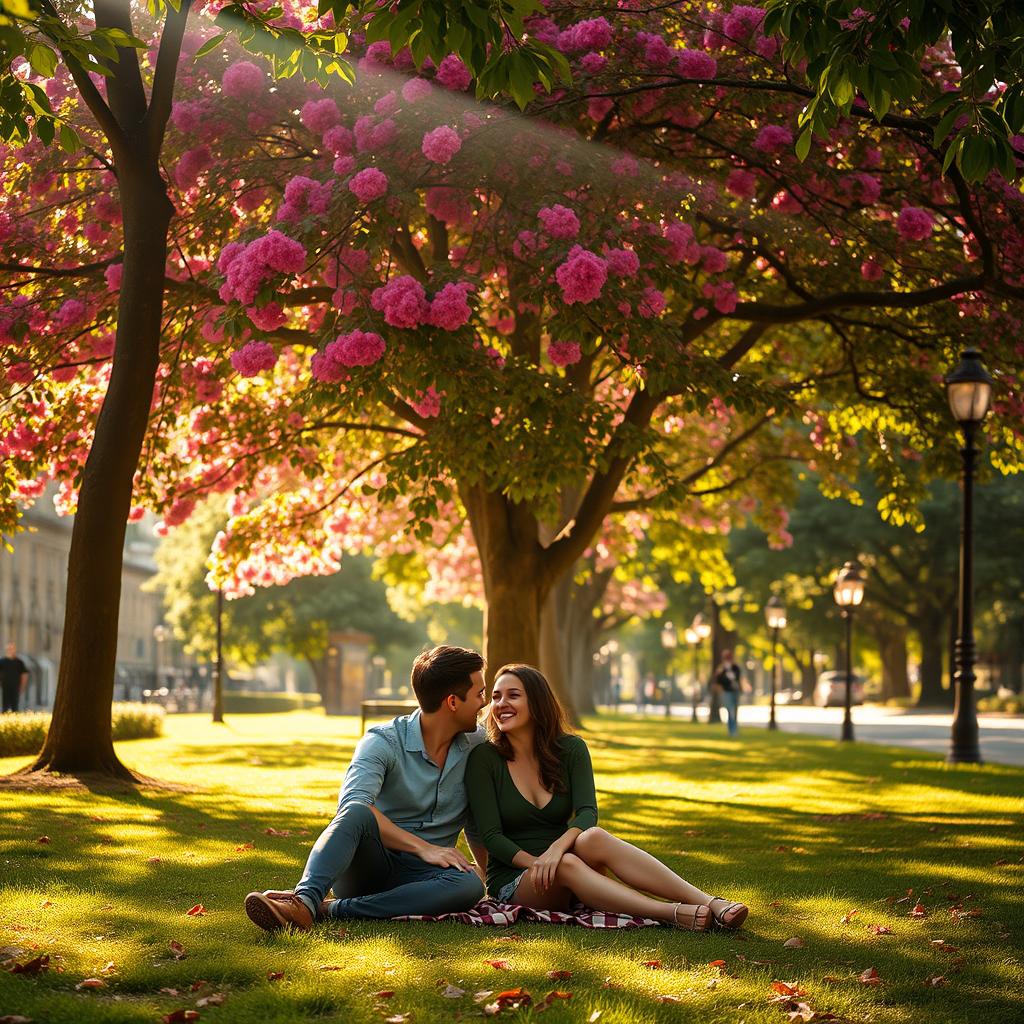 A couple sitting in a park under a lush, vibrant pink tree, with soft sunlight filtering through the branches, creating dappled shadows on the grass