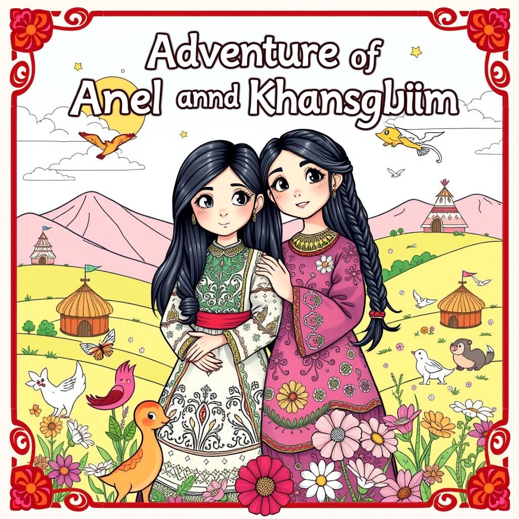 A whimsical coloring book cover featuring Kazakh sisters Anel and Khanshayim, illustrated in a style suitable for coloring