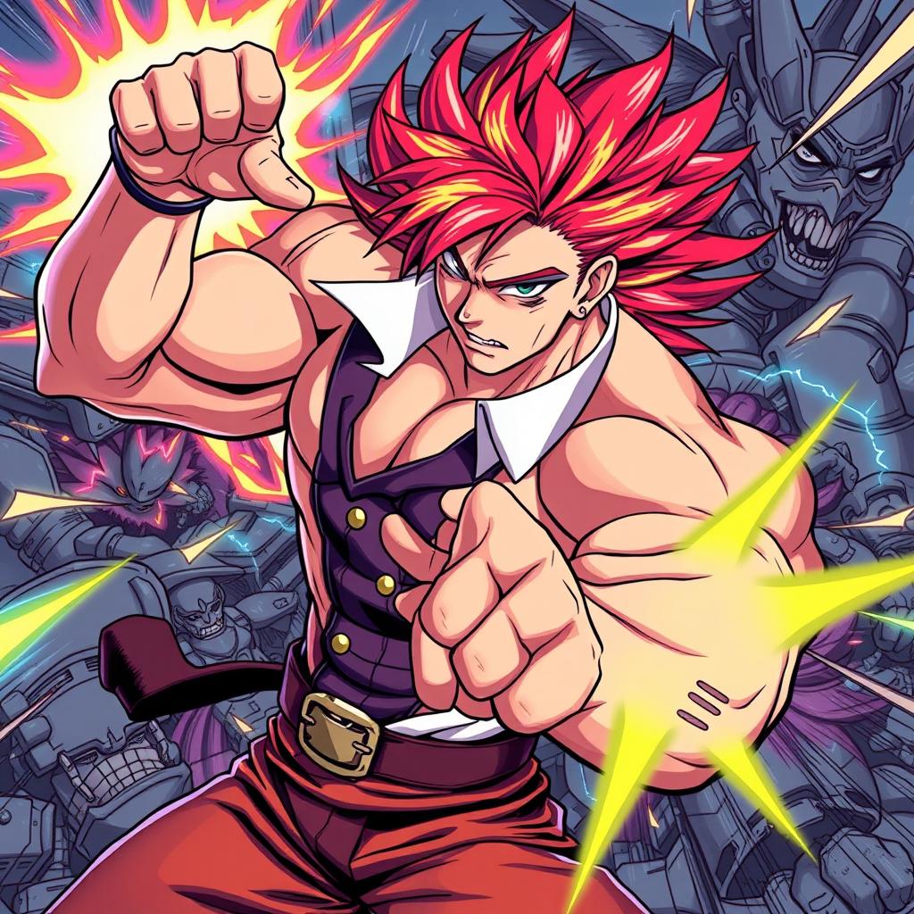 An anime-inspired illustration in the style of JoJo's Bizarre Adventure, featuring a muscular hero with vibrant hair and a stylish outfit, striking a dynamic pose