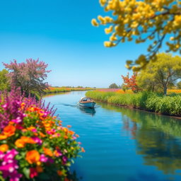 A serene scene depicting a small boat gently cruising downriver, surrounded by a tranquil landscape