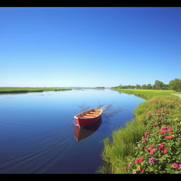 A serene scene depicting a small boat gently cruising downriver, surrounded by a tranquil landscape