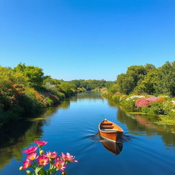 A serene scene depicting a small boat gently cruising downriver, surrounded by a tranquil landscape