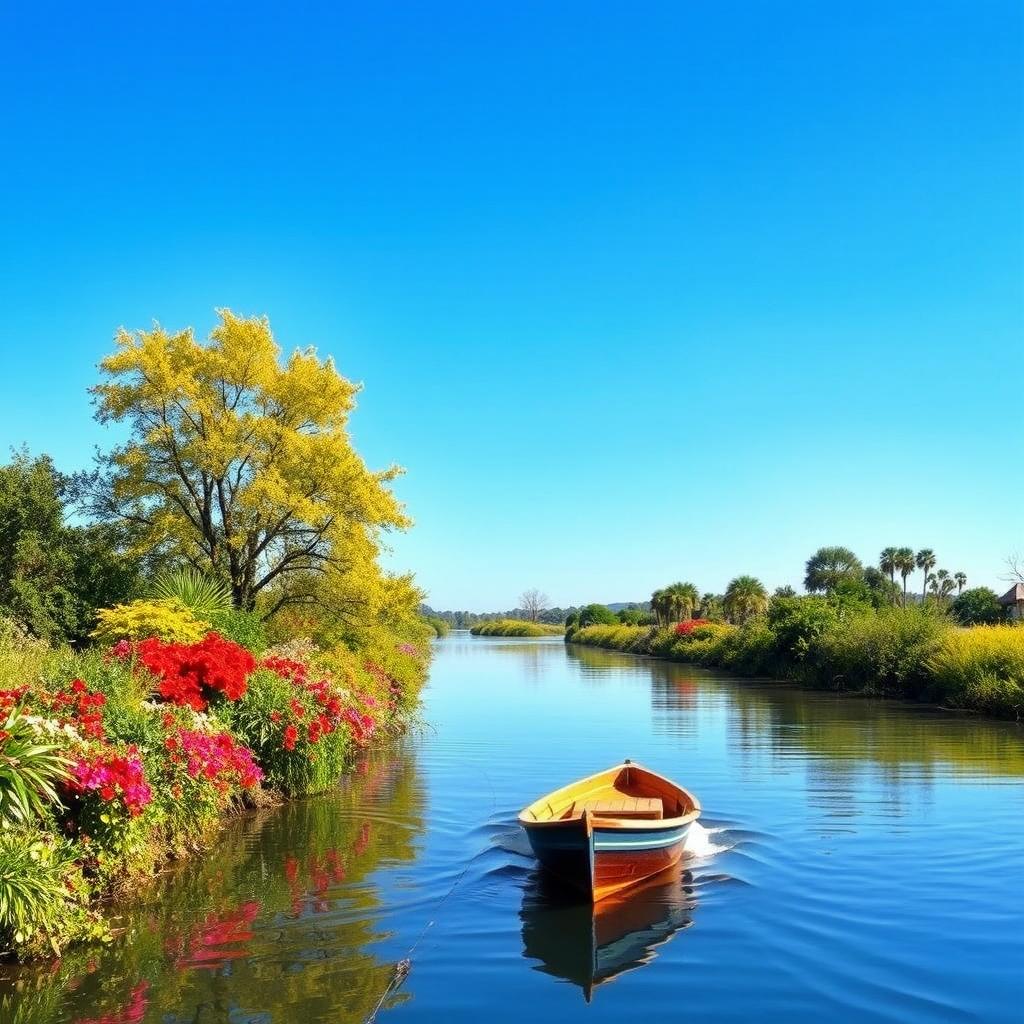 A serene scene depicting a small boat gently cruising downriver, surrounded by a tranquil landscape