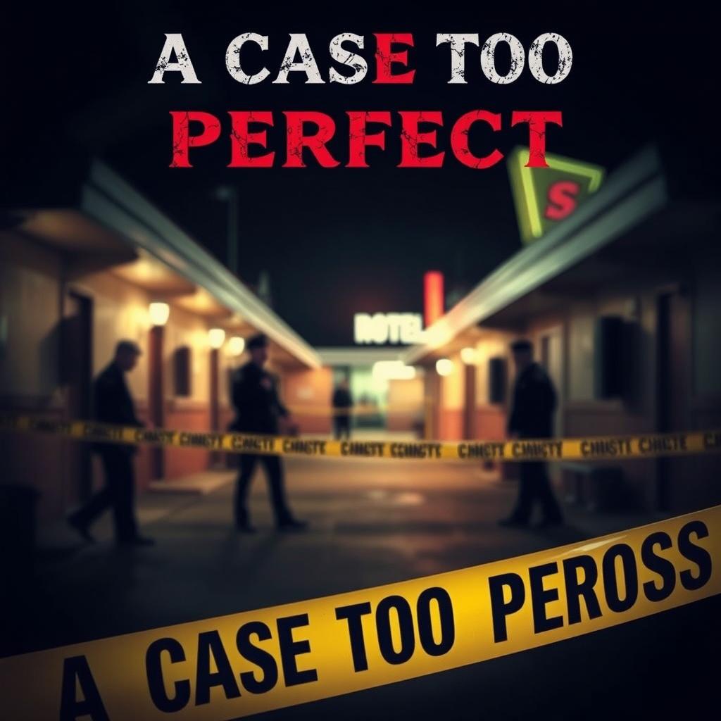 A crime scene at a dimly lit motel, with a 'Do Not Cross' tape stretched across the foreground, creating a barrier