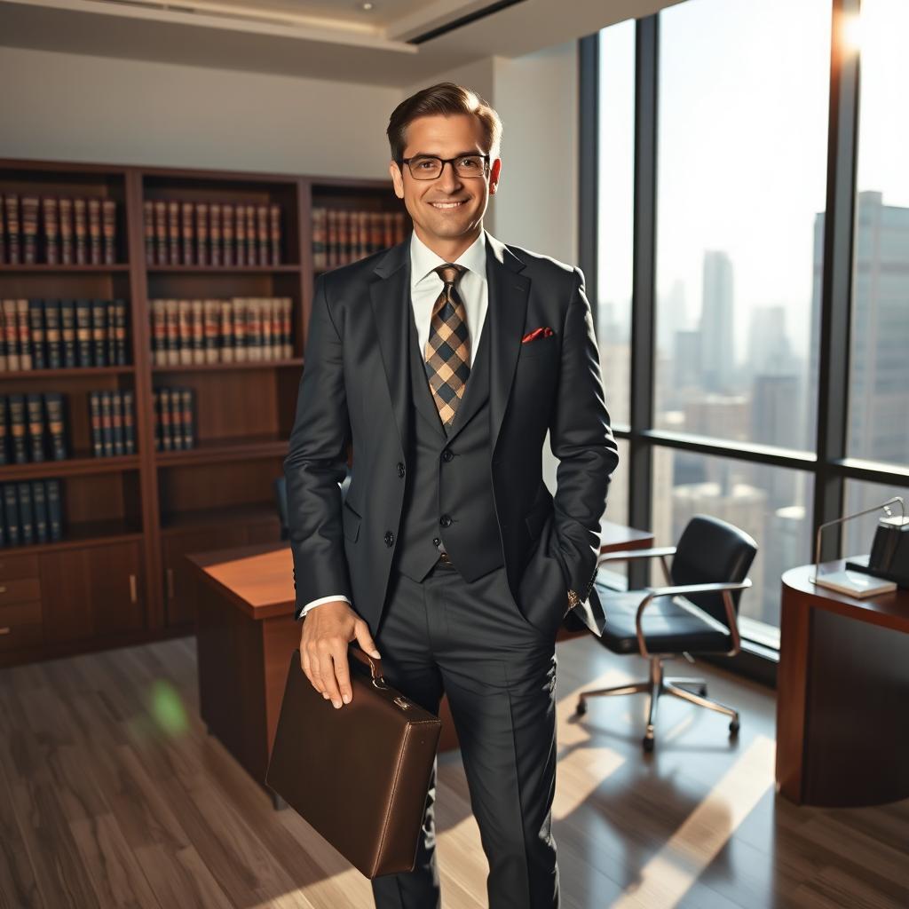 A sophisticated and elegant lawyer standing confidently in a modern, stylish office
