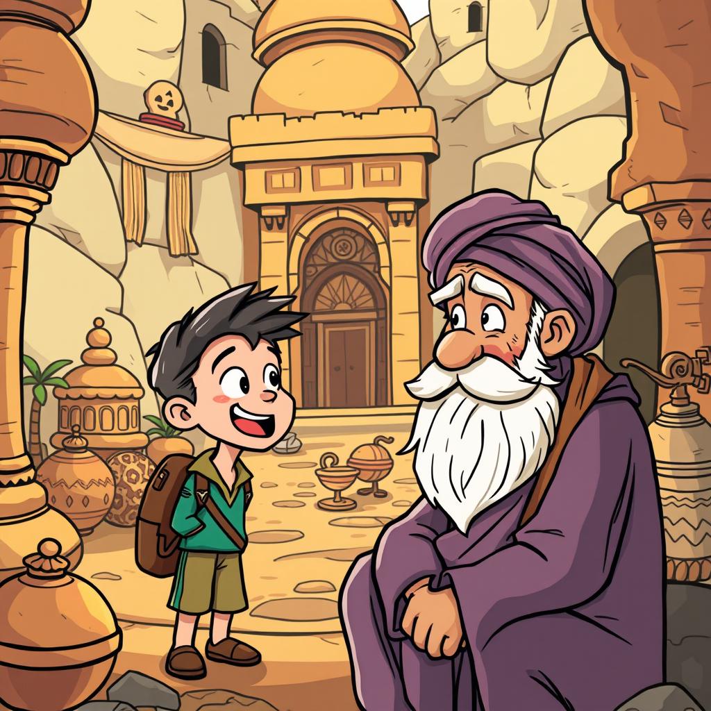 A whimsical and humorous illustration of a cartoon-style character resembling a young adventurer, inspired by classic comic book aesthetics, having an animated conversation with a wise old man with a distinctive beard and turban, set in an exotic Middle Eastern landscape filled with vibrant colors