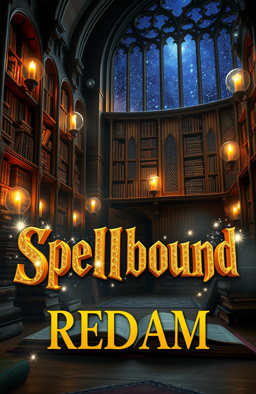 A magical scene set in a wizarding world, showcasing a mystical library filled with ancient books and glowing orbs of light