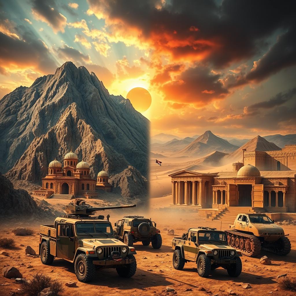 A powerful and evocative image depicting elements symbolizing the Iran-Iraq conflict, featuring contrasting landscapes of both nations