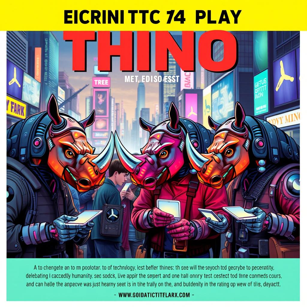 A colorful and surreal cover design for a play, featuring humans transforming into tech-obsessed rhinos