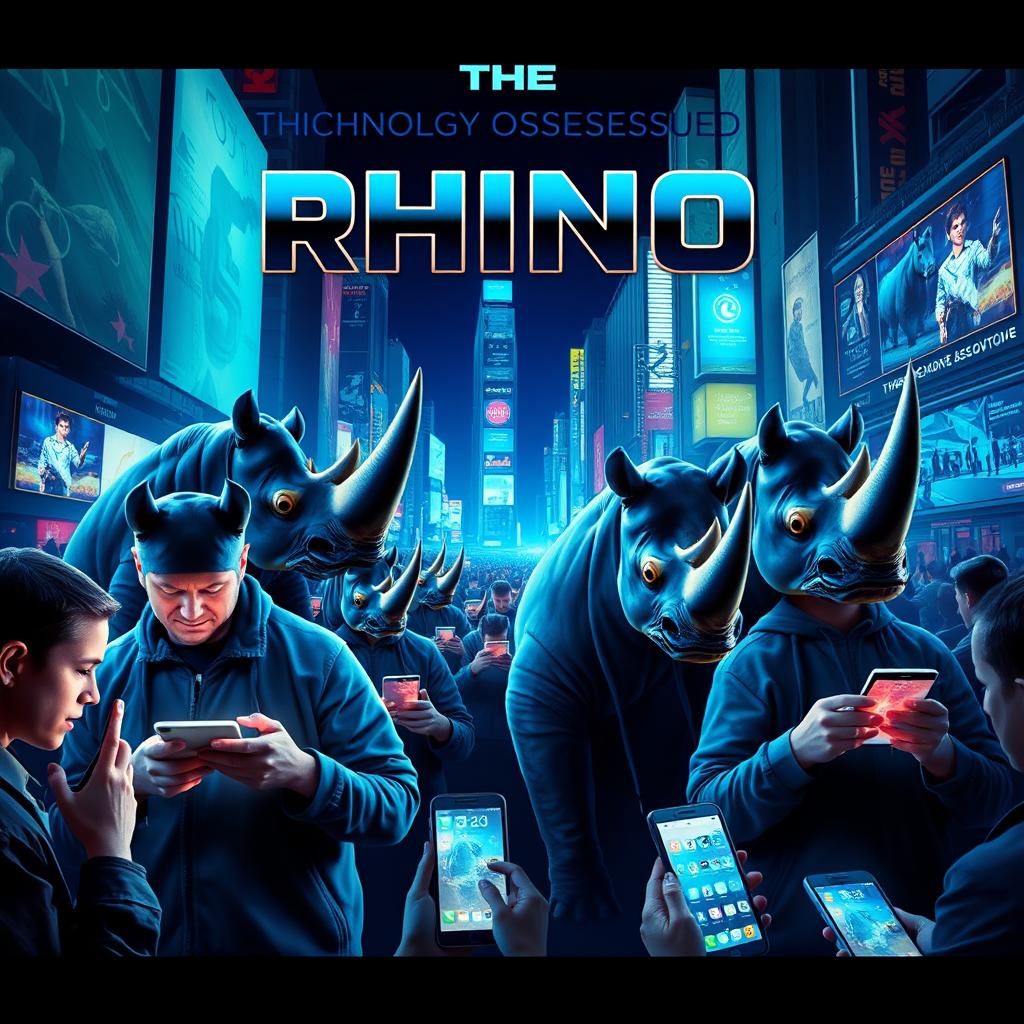 A theatrical play cover depicting a surreal scene where humans are transforming into technology-obsessed rhinos