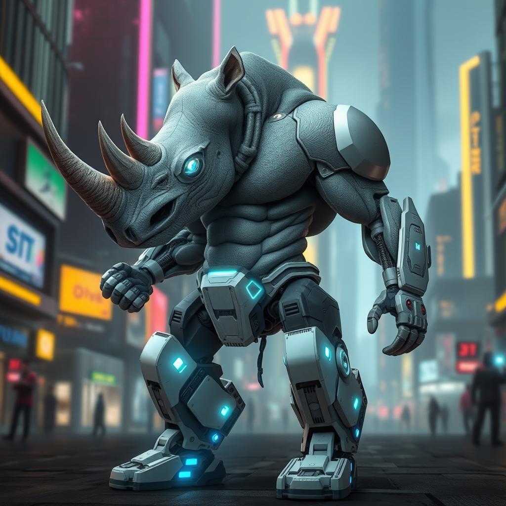 A half human, half rhino hybrid character, showcasing an interesting blend of organic and technological elements