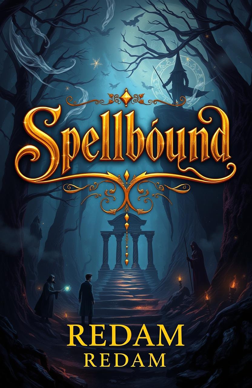 A dark fantasy themed illustration featuring an enchanting wizarding world