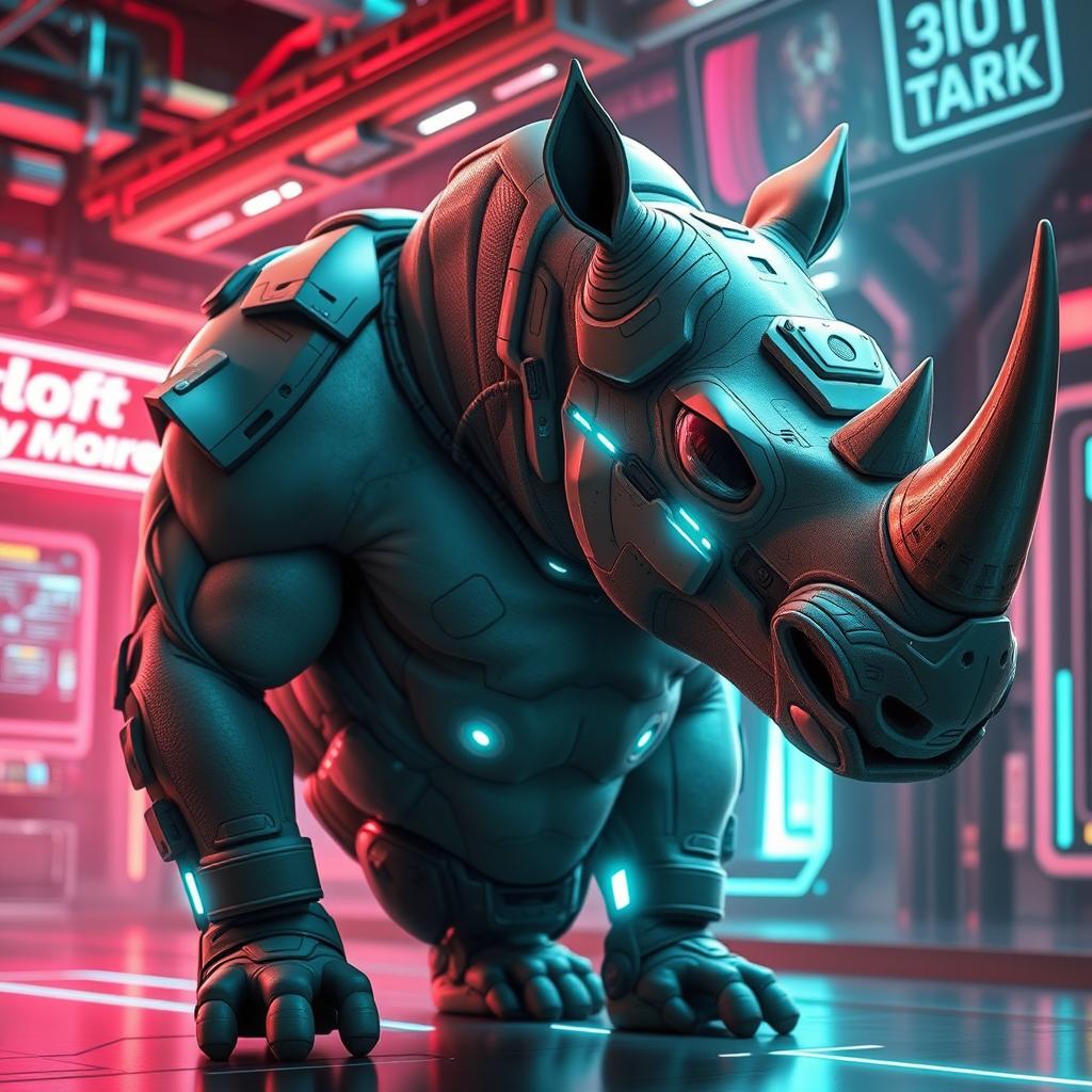 A futuristic digital concept of a rhinoceros-human hybrid, showcasing advanced technology integrated into its design