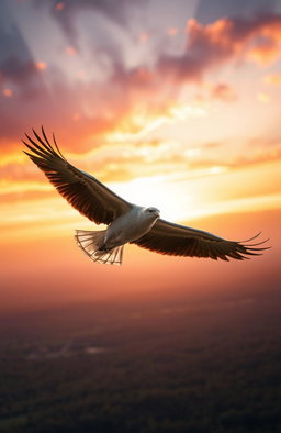 A captivating scene depicting the final bird soaring through the sky, wings fully extended and feathers shimmering in the light