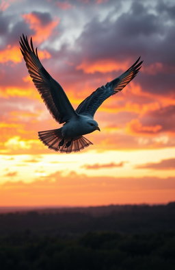 A captivating scene depicting the final bird soaring through the sky, wings fully extended and feathers shimmering in the light