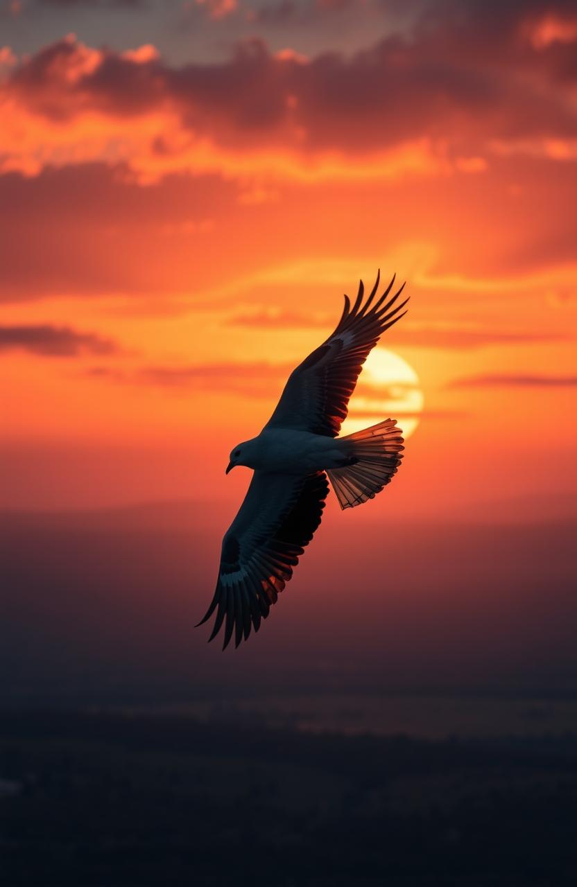 A captivating scene depicting the final bird soaring through the sky, wings fully extended and feathers shimmering in the light