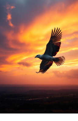 A captivating scene depicting the final bird soaring through the sky, wings fully extended and feathers shimmering in the light