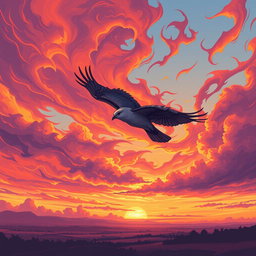 An artistic illustration of the last bird flying through a stunning sky, its wings spread wide as it gracefully glides against a backdrop of a vibrant sunset