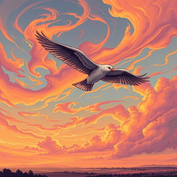 An artistic illustration of the last bird flying through a stunning sky, its wings spread wide as it gracefully glides against a backdrop of a vibrant sunset