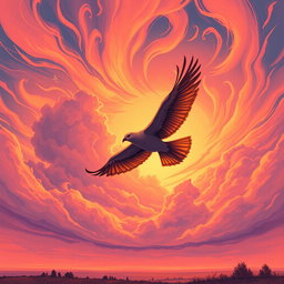 An artistic illustration of the last bird flying through a stunning sky, its wings spread wide as it gracefully glides against a backdrop of a vibrant sunset
