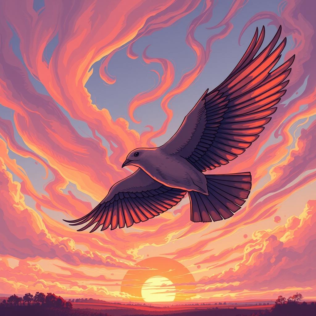 An artistic illustration of the last bird flying through a stunning sky, its wings spread wide as it gracefully glides against a backdrop of a vibrant sunset