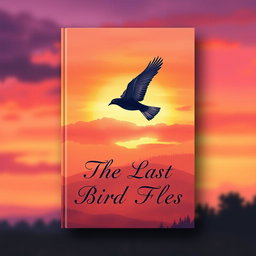 An enchanting book cover design titled 'The Last Bird Flies', featuring a beautifully illustrated silhouette of a bird in flight at the center