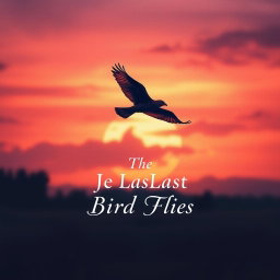 An enchanting book cover design titled 'The Last Bird Flies', featuring a beautifully illustrated silhouette of a bird in flight at the center