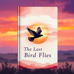 An enchanting book cover design titled 'The Last Bird Flies', featuring a beautifully illustrated silhouette of a bird in flight at the center