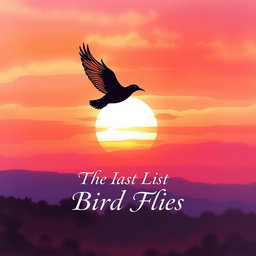 An enchanting book cover design titled 'The Last Bird Flies', featuring a beautifully illustrated silhouette of a bird in flight at the center