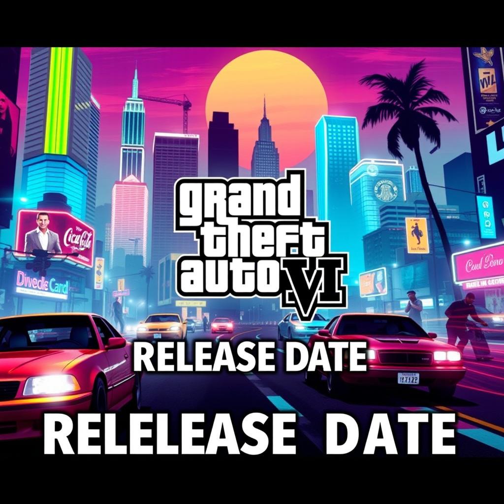 Grand Theft Auto VI release date announcement poster featuring a dynamic cityscape, neon lights, and iconic elements from the game like cars, characters in action, and vibrant crime-related scenes, blended with a retro aesthetic to pay homage to the series