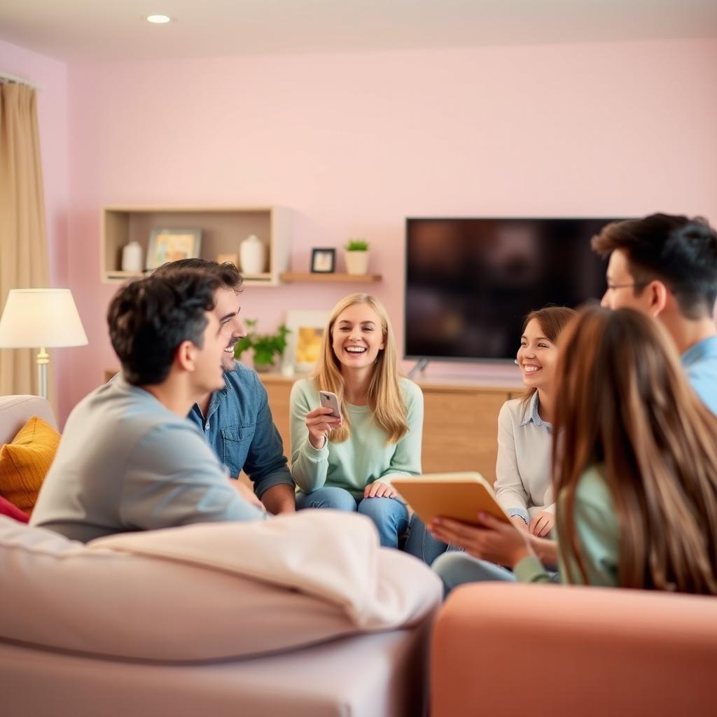 A joyful scene of a father and mother engaged in lively conversation with their teenage children in a pastel-colored living room