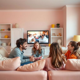 A joyful scene of a father and mother engaged in lively conversation with their teenage children in a pastel-colored living room