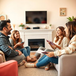 A joyful scene of a father and mother engaged in lively conversation with their teenage children in a pastel-colored living room